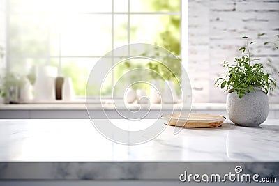 Wooden texture table top on blurred white rustic kitchen interior background. Epmty template for product display. Stock Photo