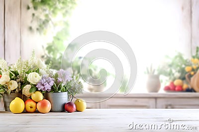 Wooden texture table top on blurred white rustic kitchen interior background. Epmty template for product display. Stock Photo