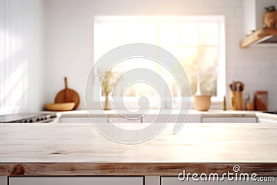 Wooden texture table top on blurred white rustic kitchen interior background. Epmty template for product display. Stock Photo