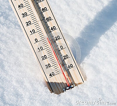 Wooden thermometer in the snow Stock Photo