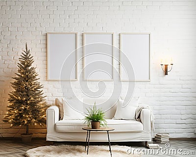 3 wooden thin frame mock-ups, living room decorated for christmas celebration, christmas decorations, interior design Stock Photo