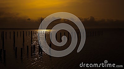 Wooden thin poles on the shore with a tower in the background at sunset Stock Photo