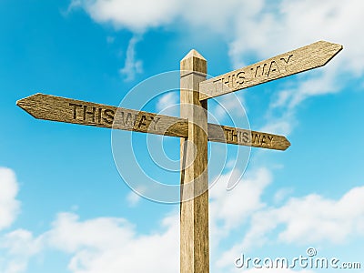 Wooden three-directional sign post with the thext This Way Stock Photo