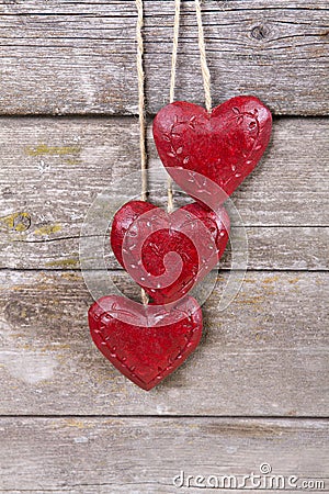 Wooden three red hearts Stock Photo