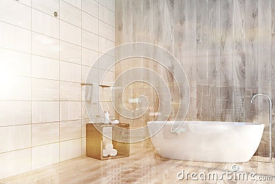 Wooden tiles bathroom corner, bathtub toned Stock Photo