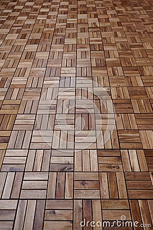 Wooden tiles, weatherproof, on the floor of the terrace of a residential building Stock Photo