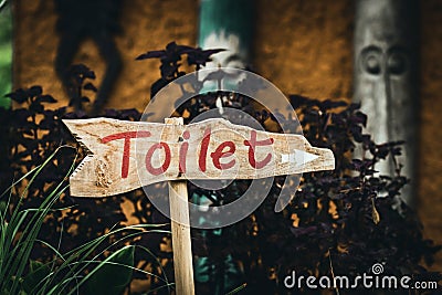 Wooden toilet sign in the jungle of magic Bali island. Stock Photo