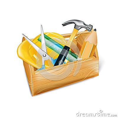 wooden tool box with hard hat, hammer, ruler, and scissors isolated Vector Illustration