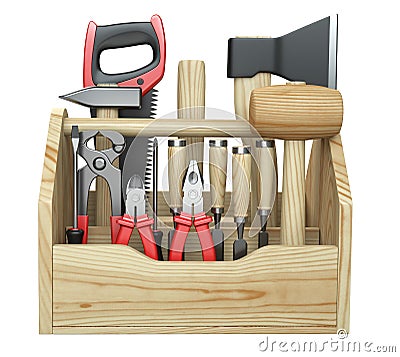 A wooden toolbox containing with ax, chisel, pliers, mallet, hammer, screwdriver, wrench, saw and wire cutters Cartoon Illustration