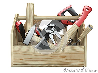 A wooden toolbox containing with ax, chisel, pliers, mallet, hammer, screwdriver, wrench, saw and wire cutters - front view Cartoon Illustration