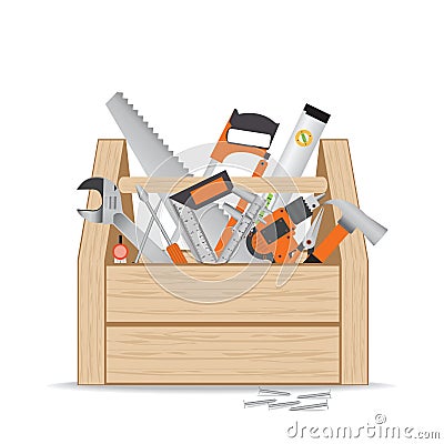 Wooden toolbox with repair and construction working tools on white background. Vector Illustration