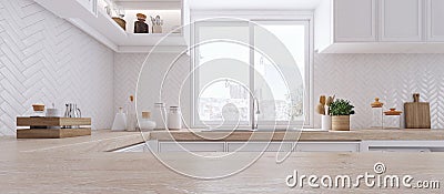 Modern kitchen with window and shelves. Cartoon Illustration
