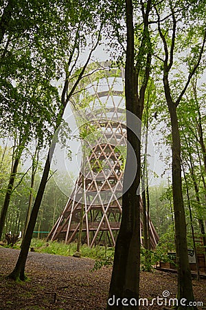 Tower in Adventure Camp on rainy foggy day Editorial Stock Photo