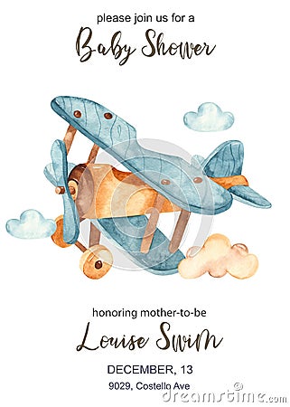 Watercolor invitation card for baby shower with toy airplane Stock Photo