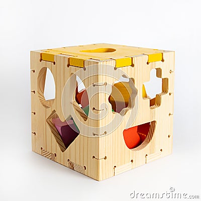 Wooden toy blocks cube shape sorter, colorful details isolated on white background, early development of logic for Stock Photo