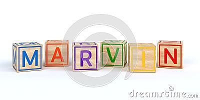 wooden toy cubes with letters with name marvin Stock Photo