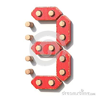 Wooden toy red digital number 3 THREE 3D Cartoon Illustration