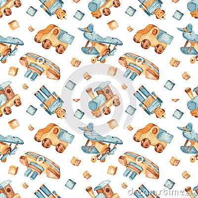 Watercolor seamless pattern with wooden toys, transport and robot on a white background Stock Photo