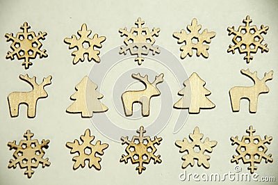 Wooden toys on white background. Firs, snowflakesdeers and Stock Photo