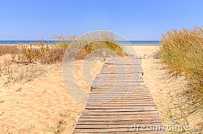 Wooden track leading to the beach Isla Canala, Ayamonte, Spain Stock Photo