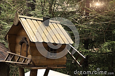 Wooden traditional bird feeder in citypark forest. Winter birdhouse ecological design concept. green nature. Stock Photo