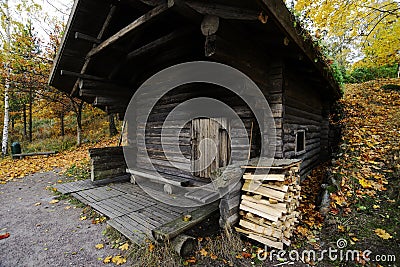 Wooden traditional Finnish sauna in autumn Stock Photo