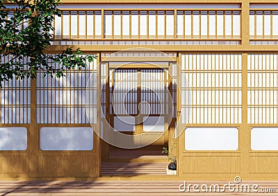 Wooden traditional Japanese Shoji door, Japanese traditional building exterior Stock Photo