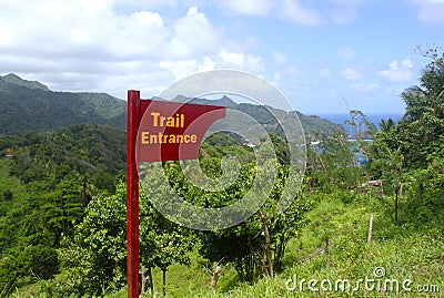 Wooden Trail Entrance Sign, Dominica, Caribbean islands Stock Photo