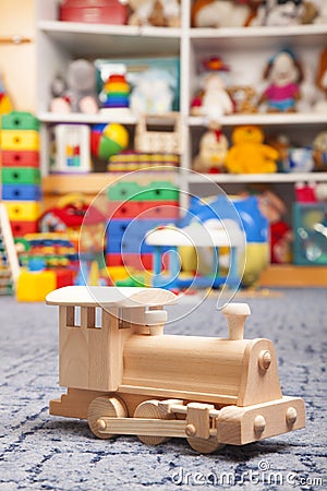 Wooden train in the play room Stock Photo