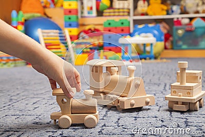 Wooden train in the play room Stock Photo