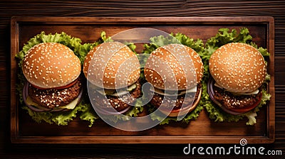 Aerial View Of Texture-rich Hamburger Slices On Wooden Tray Stock Photo