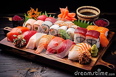 A wooden tray filled with various types of sushi, presenting a vibrant and appetizing display of authentic Japanese cuisine, A Stock Photo