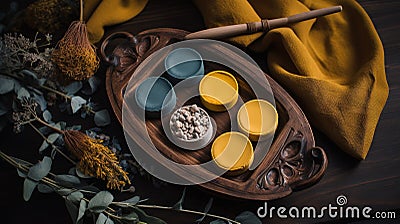 a wooden tray with four cups and a spoon on it Stock Photo