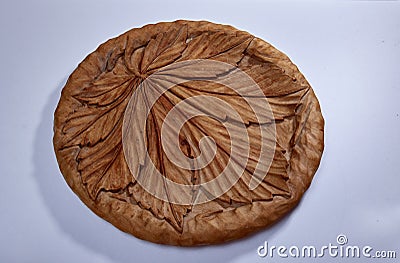 Wooden tray with maple leaf picture on white isolated background Stock Photo