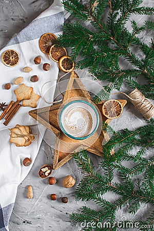 Wooden Tray Star Cup with Coffee Cappuccino Christmas Morning Cookies Decoration New Year Concept Stock Photo