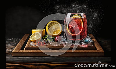 a wooden tray topped with a glass of liquid and sliced lemons Stock Photo