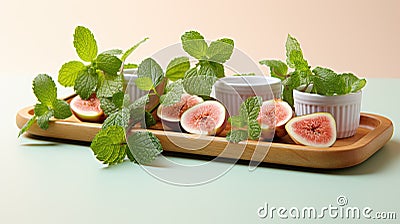 a wooden tray topped with sliced figs and mints. generative ai Stock Photo