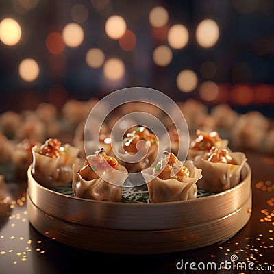 Wooden tray with traditional Chinese shumai dumplings, ai-generated Stock Photo