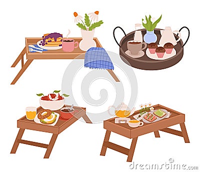 Wooden Trays or Tables With Crisp Cloths, Holds Delightful Breakfast Spread, Fresh Flowers, Warm Pastries, And Coffee Vector Illustration