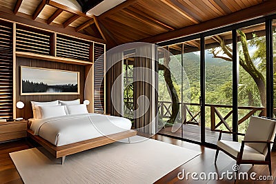 A wooden treehouse bedroom overlooking a Stock Photo