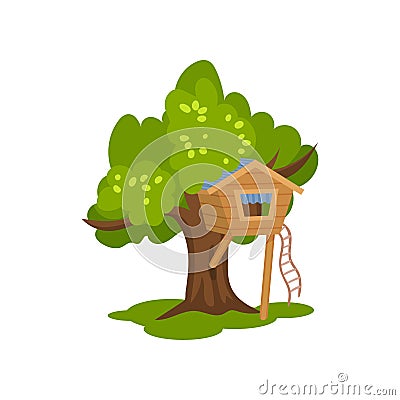 Wooden treehouse, hut on tree with ladder for kids outdoor activity and recreation, vector Illustration on a white Vector Illustration