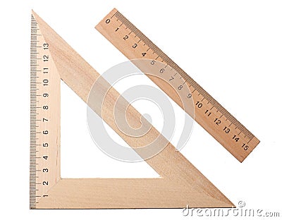 wooden triangle with wooden ruler isolated on white background. top view Stock Photo