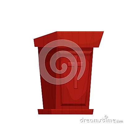 Wooden tribune with cross, orator podium with microphone textured in cartoon style isolated on white background. Vector Illustration