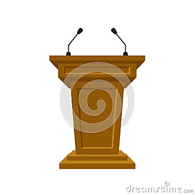 Wooden tribune stand rostrum with microphones on white background. Podium or pedestal stand for speech or public pulpit Vector Illustration