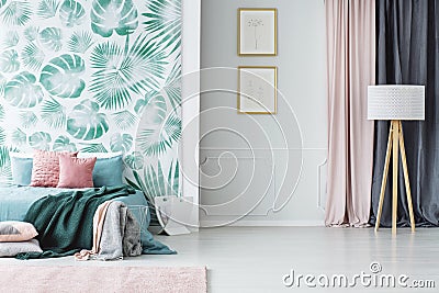 Cozy green and pink bedroom Stock Photo