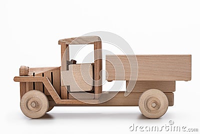 Wooden truck side view on white background. Stock Photo