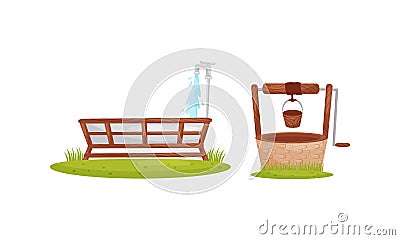 Wooden Tub with Water Pouring and Well with Bucket as Farm Elements Vector Set Vector Illustration