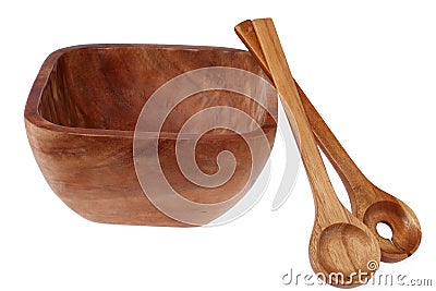 Wooden tureen with two wooden spoons Stock Photo