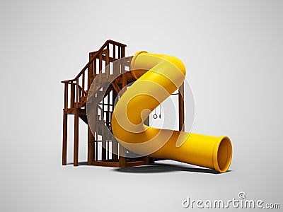 Wooden two-story slide tube yellow for teenagers 3d render on gray background with shadow Stock Photo