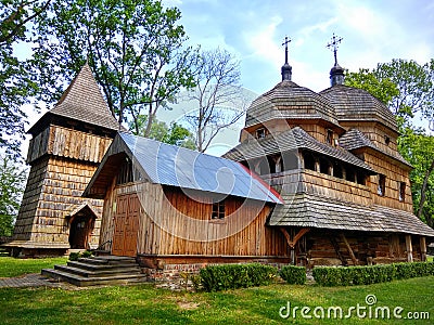 Wooden Ukrainian greek catholic church of Holy Mother of God in Chotyniec, Podkarpackie, Poland. Stock Photo